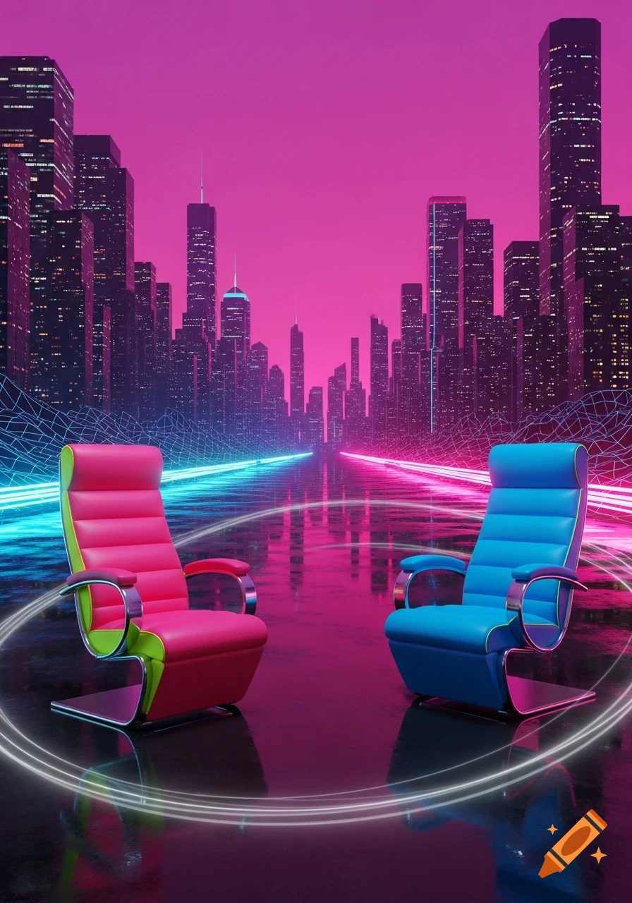 Two retro-futuristic chairs, one pink and one blue, face each other on a reflective surface in a glowing synthwave city at night.