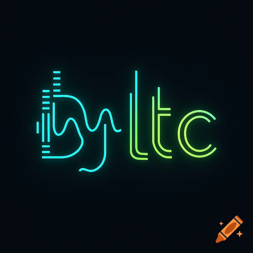 Futuristic neon logo for 'Dj Ltc' with cyan and lime green glowing typography and sound wave elements on a dark background.
