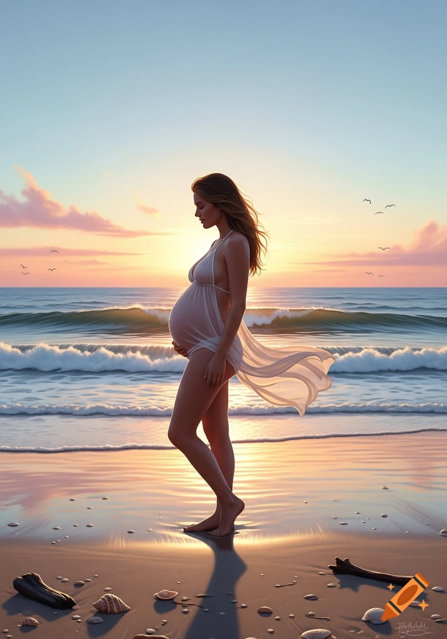 A pregnant woman in a sheer white dress stands on a sandy beach at sunset, ocean waves behind her, photorealistic.