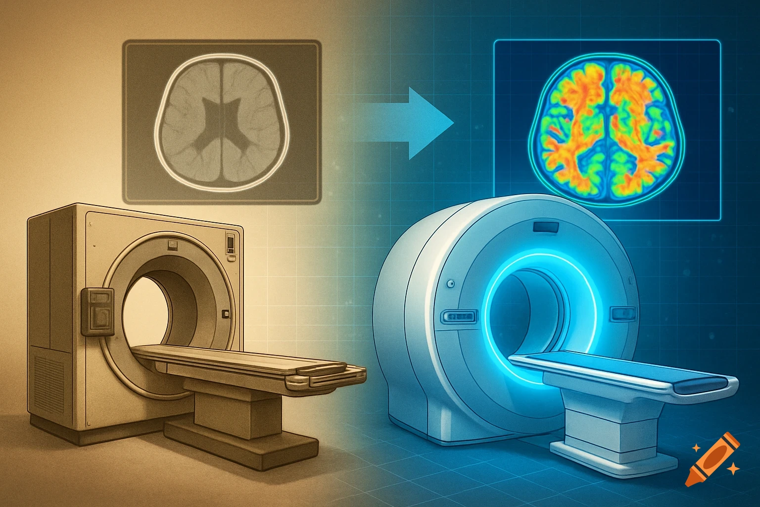 Illustration of two medical imaging scanners and brain scans, showing the evolution from older grayscale to modern colorful imaging.