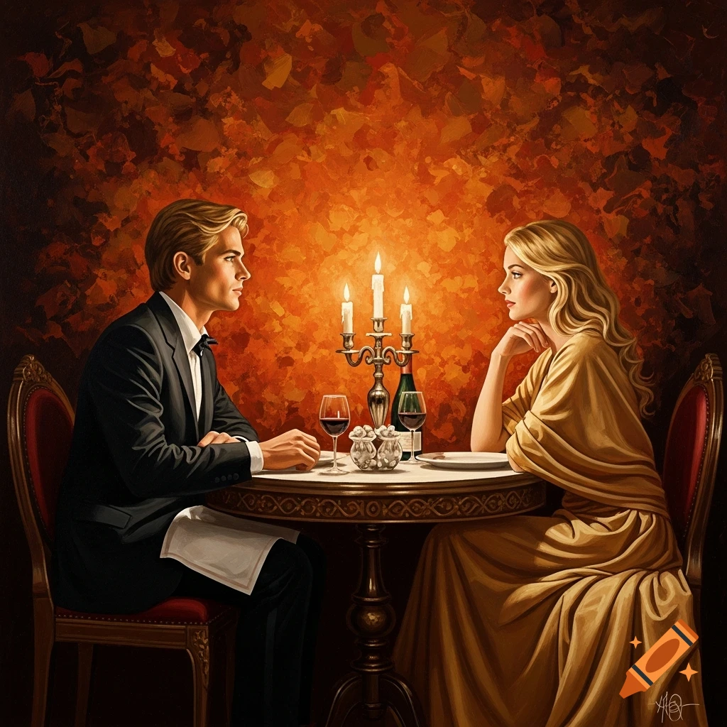 Vintage oil painting of a blonde couple on a candlelit dinner date in a warm, painterly restaurant.