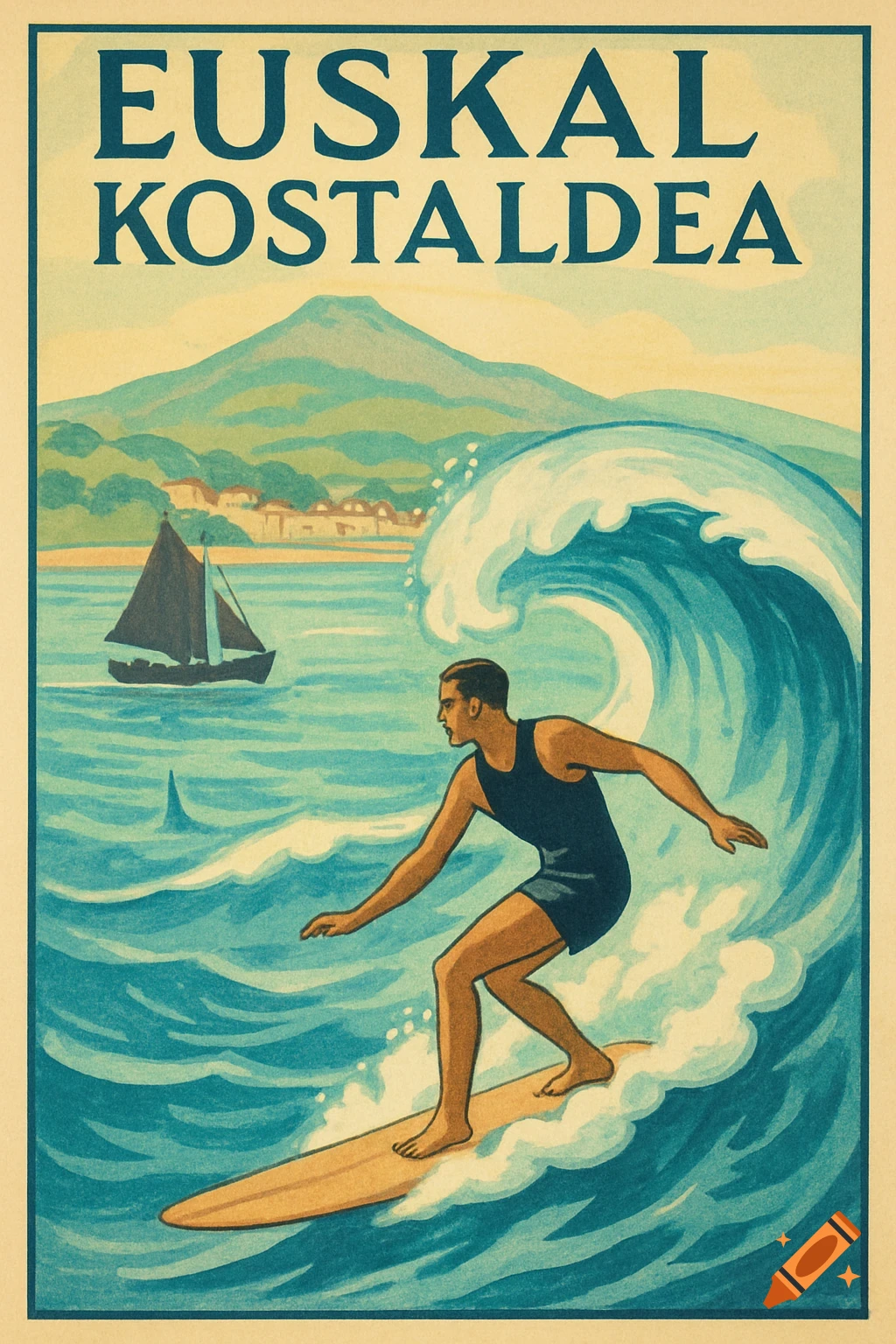 Vintage travel poster in Art Deco style showing a surfer riding a wave with a sailboat and mountains. Text "EUSKAL KOSTALDEA".