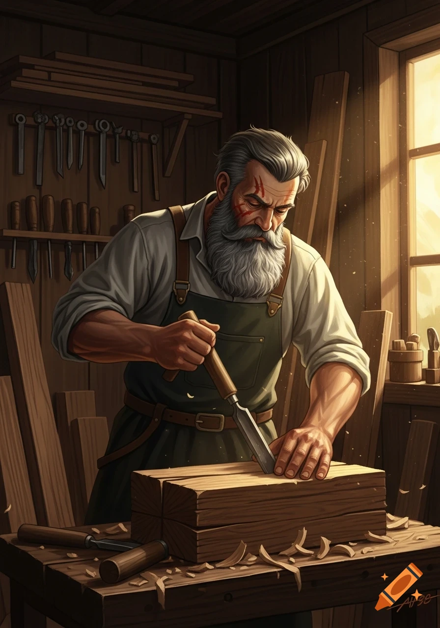 A bearded carpenter with scars on his face chisels a block of wood in a sunlit workshop filled with tools.