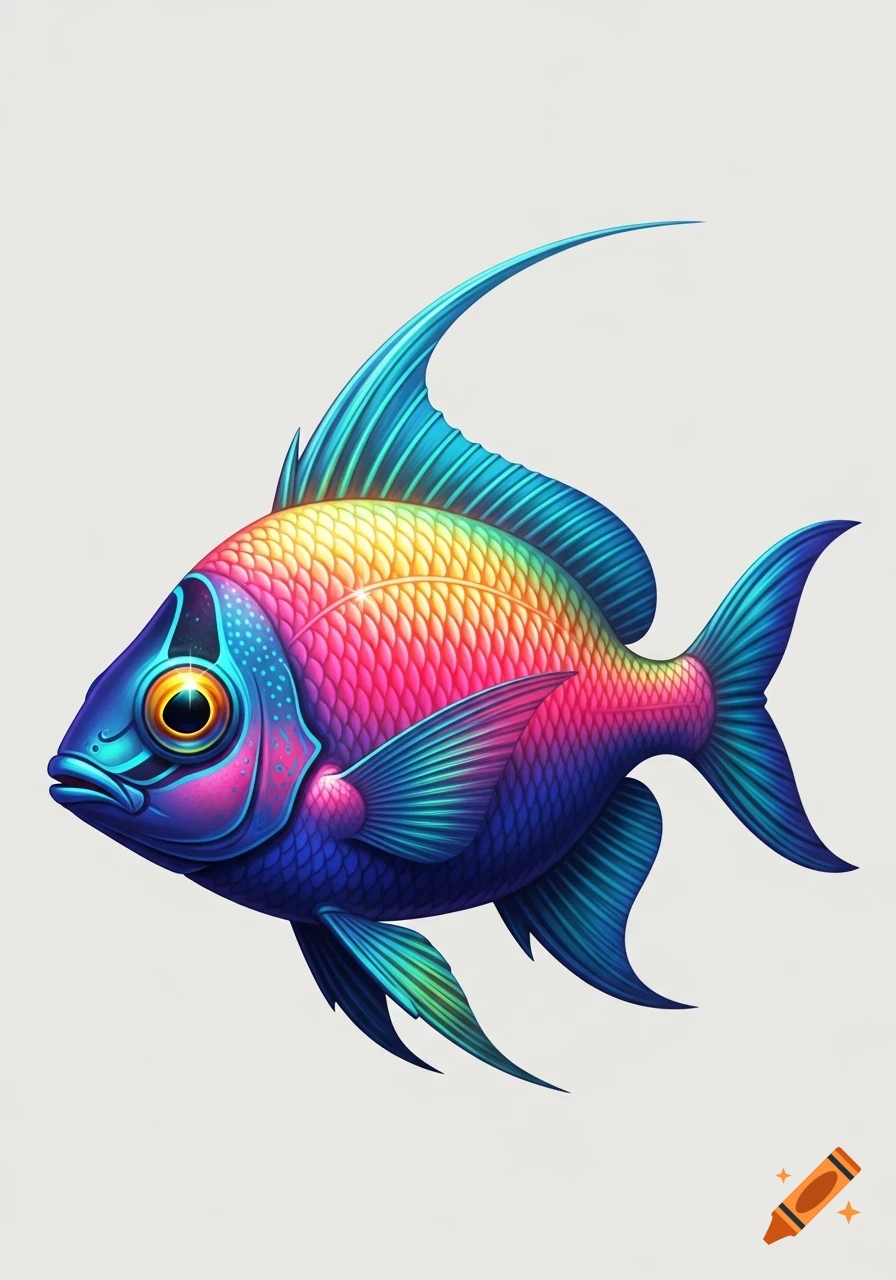 A vibrant, stylized tropical fish with a rainbow-colored body and electric blue fins in side profile against a plain background.