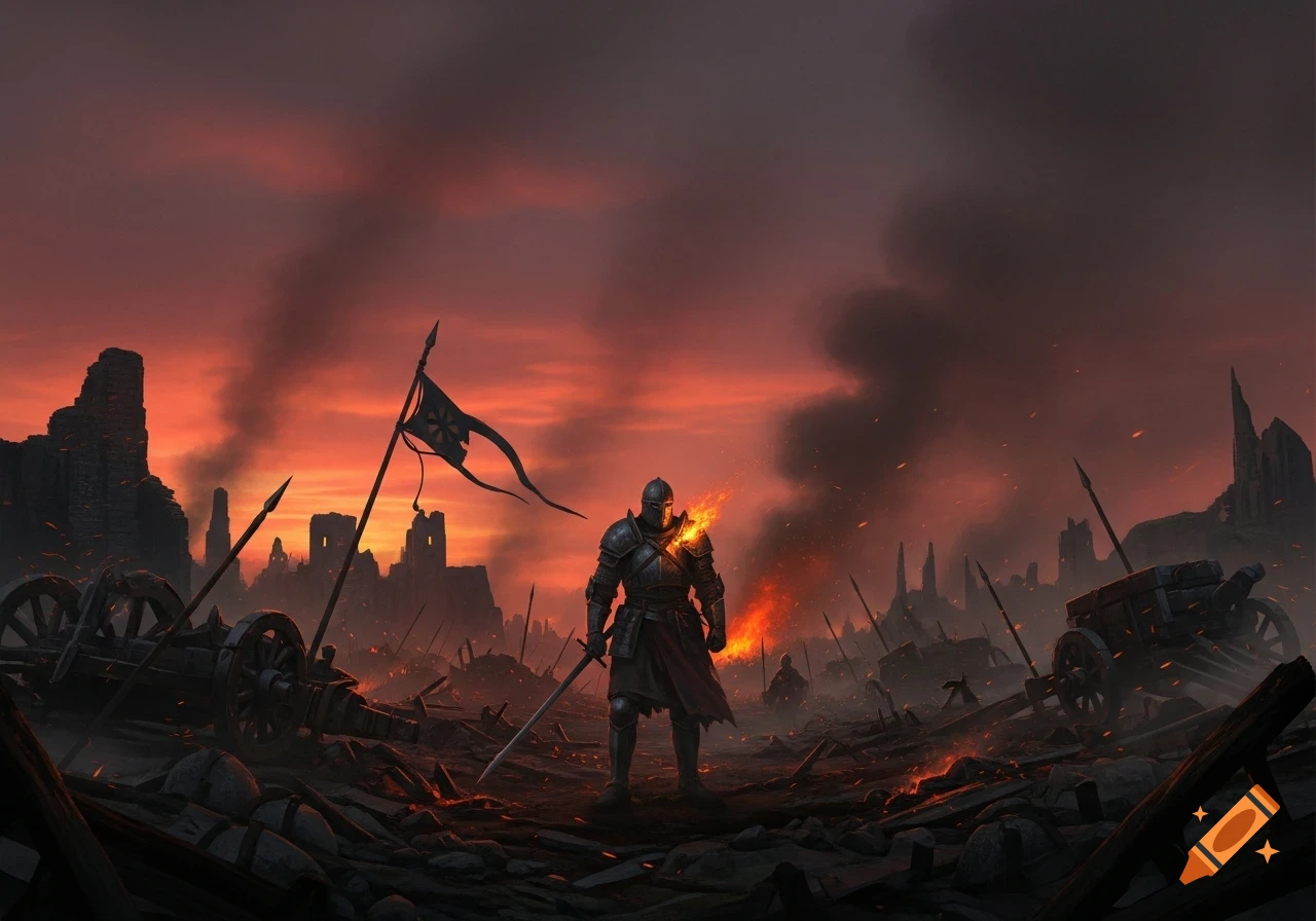 A lone knight in dark armor stands on a fiery, ruined battlefield with a sword and flag under a smoke-filled red sky, destroyed castles in the background.