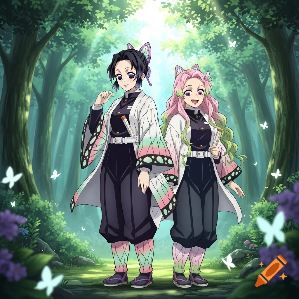 Two anime women, one with black hair and one with pink and green hair, stand in a lush, sun-dappled forest with glowing butterflies.