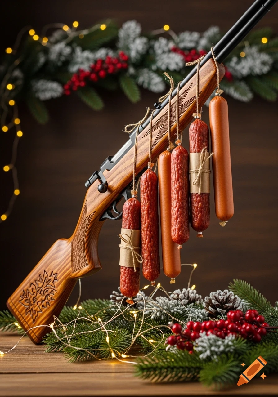 A wooden hunting rifle decorated with sausages, Christmas garlands, and fairy lights, resting on a wooden table.