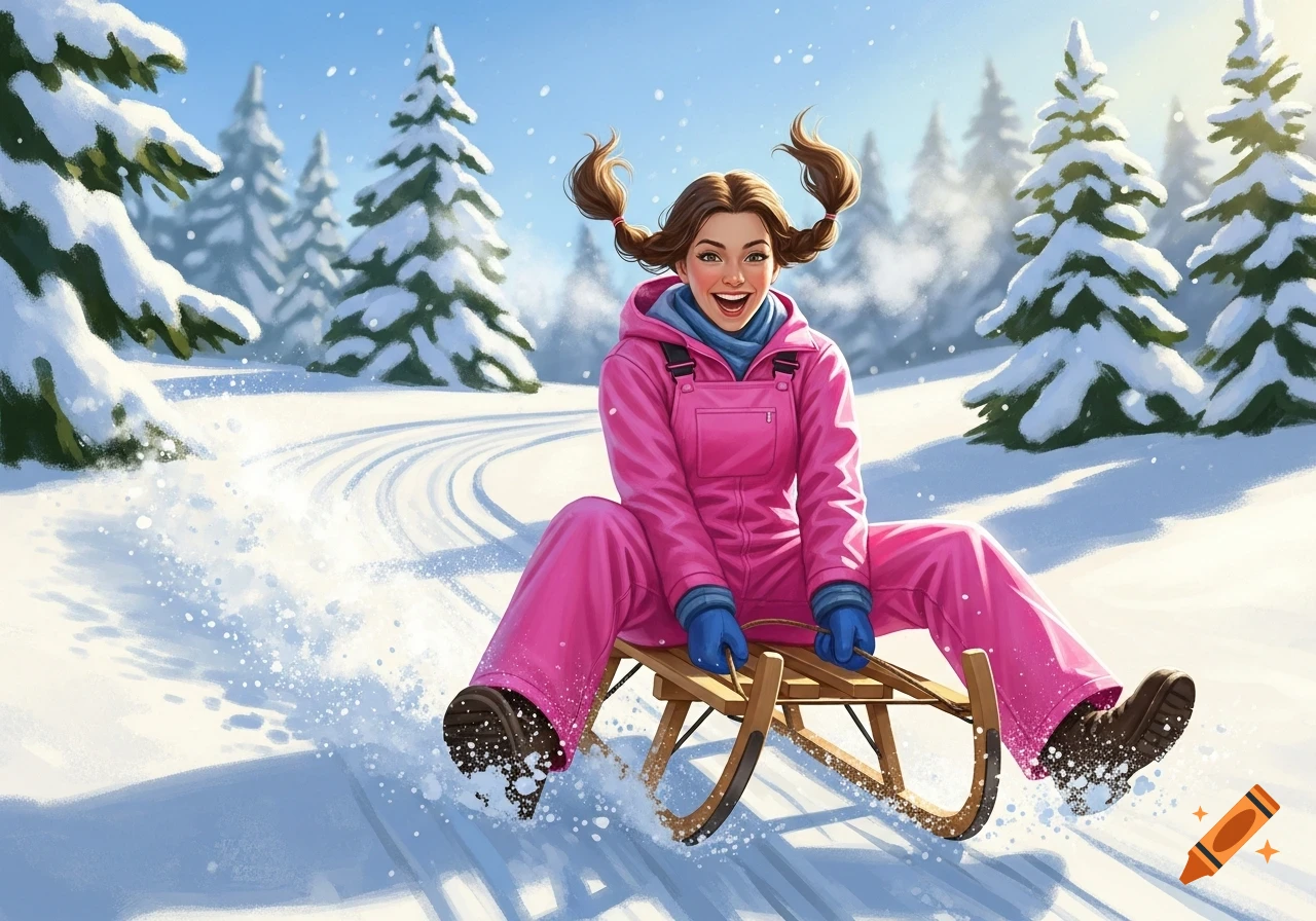 A smiling young woman with pigtails in a pink snowsuit sleds down a snowy hill past evergreen trees, in an illustrative style.