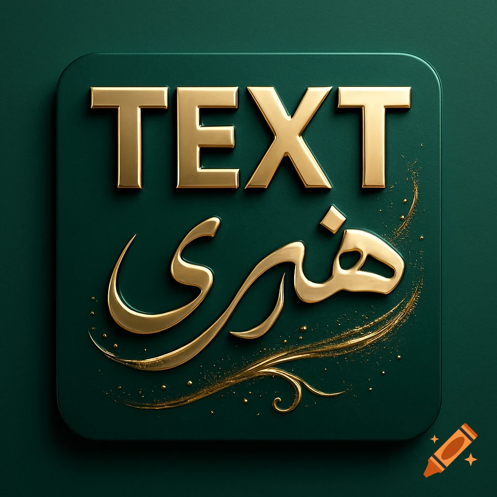 A modern square logo with glossy gold 'TEXT' and 'honari' in Persian calligraphy on an emerald green background, with gold accents.