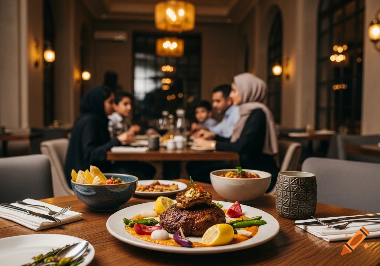 A close-up of a main course meal with steak, vegetables, and lemons on a white plate in a warm-lit restaurant, with a blurred family dining in the background.