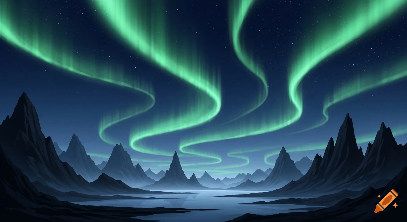Stylized illustration of vibrant green aurora borealis swirling over dark, jagged mountains and a calm lake at night.
