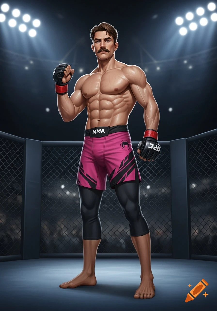 Muscular MMA fighter with a mustache, wearing pink shorts and black gloves, standing barefoot in an MMA cage, in a detailed illustration.