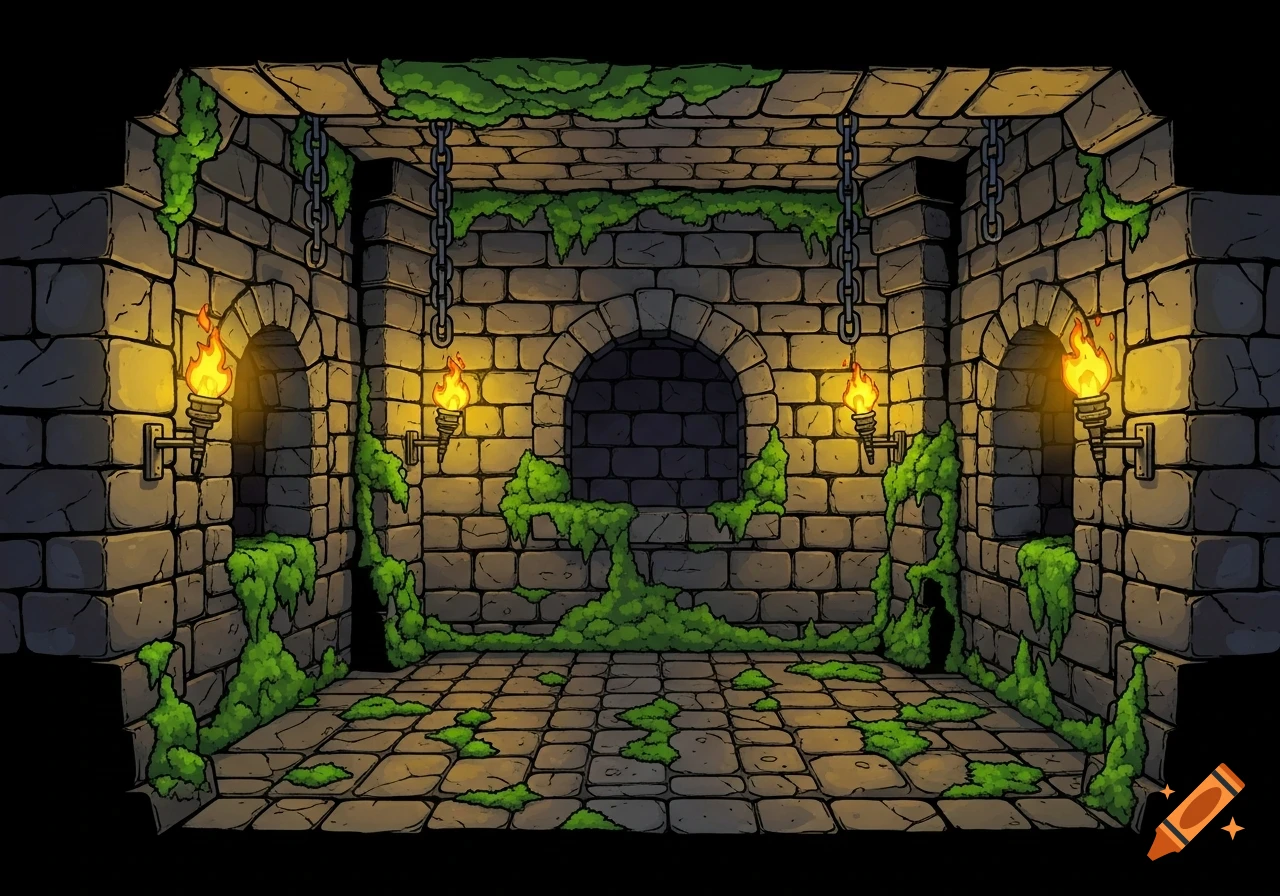 A 2D cartoon style dungeon room with stone walls, an archway, lit torches, hanging chains, and green moss covering the surfaces.