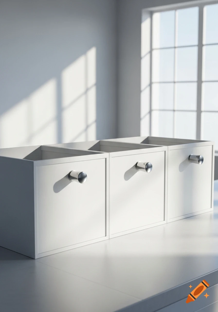 Three minimalist white cube storage bins with silver handles on a white surface, lit by sunlight from a window.