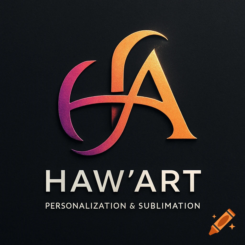 A professional logo featuring stylized intertwined 'HA' initials in gradient orange and purple, with 'HAW'ART' and 'PERSONALIZATION & SUBLIMATION' text below on a dark background.