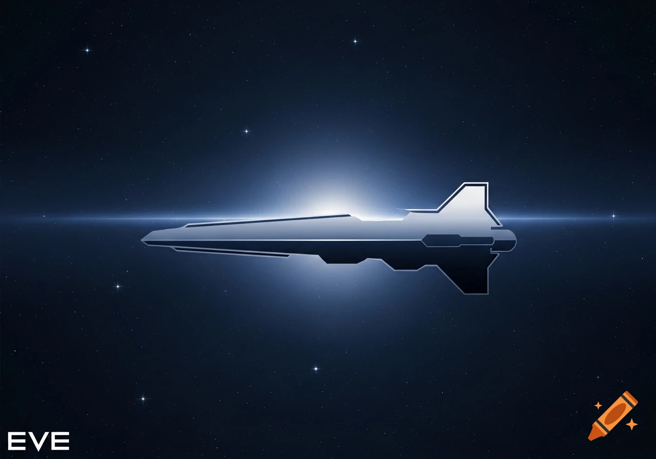 Minimalist silhouette of a spaceship against a starry blue space background with a central light source and the text EVE.