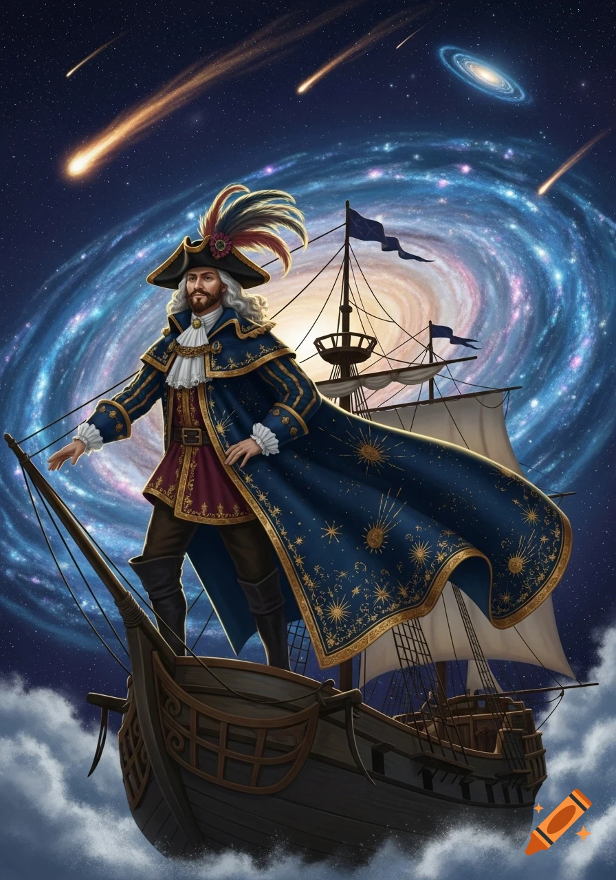 A bearded man in an ornate blue and gold captain's coat and feathered hat stands on a sailing ship, floating through a vibrant star-filled galaxy with comets.