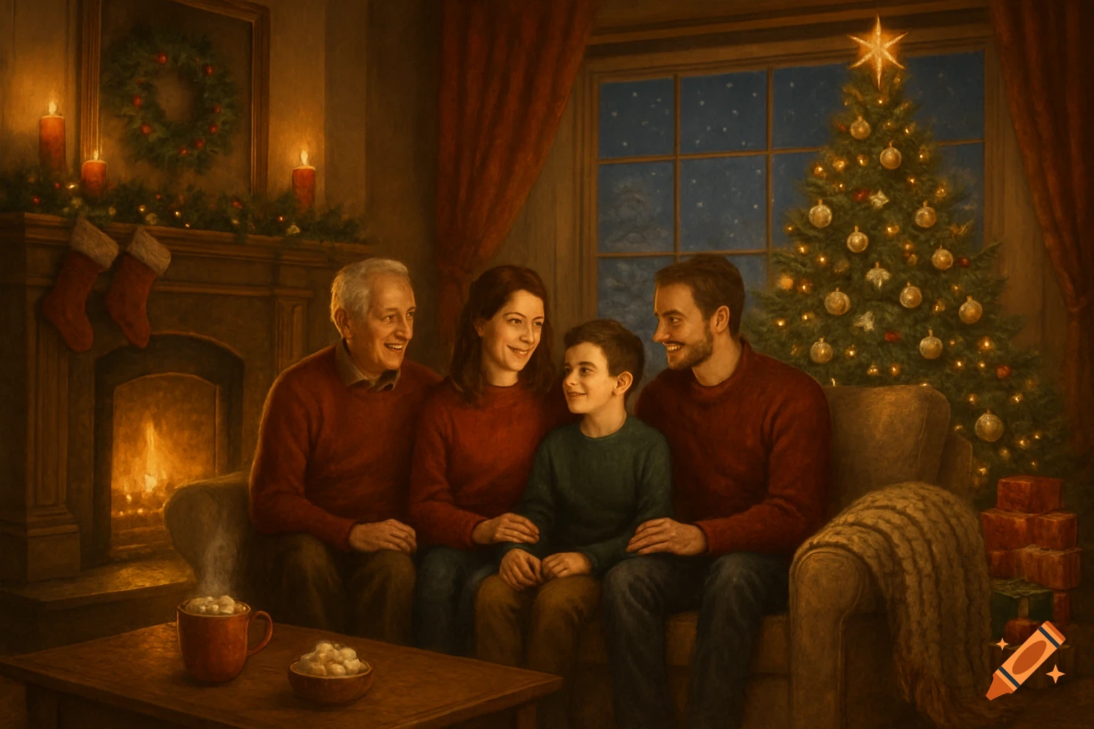 A happy multi-generational family sits by a cozy fireplace and decorated Christmas tree, with hot cocoa on the table.