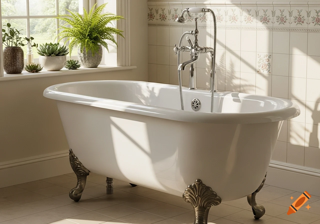 A clawfoot bathtub with shiny chrome fixtures sits in a sunlit bathroom with potted plants on the windowsill.