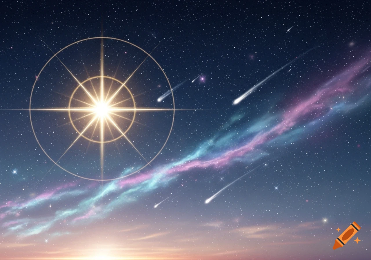 A bright, radiant star with a halo and compass-like lines illuminates a dark blue sky with colorful nebulae and shooting stars.