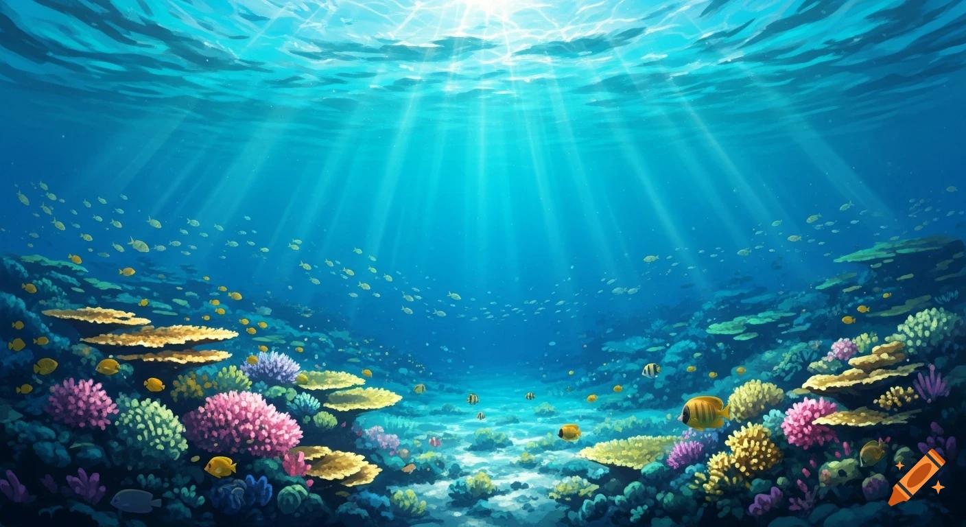 Vibrant illustration of a sunlit underwater coral reef with various colorful fish swimming amidst pink and yellow corals.