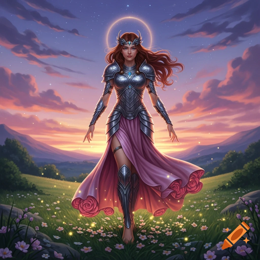 A beautiful warrior woman in silver armor and a pink dress stands in a ...