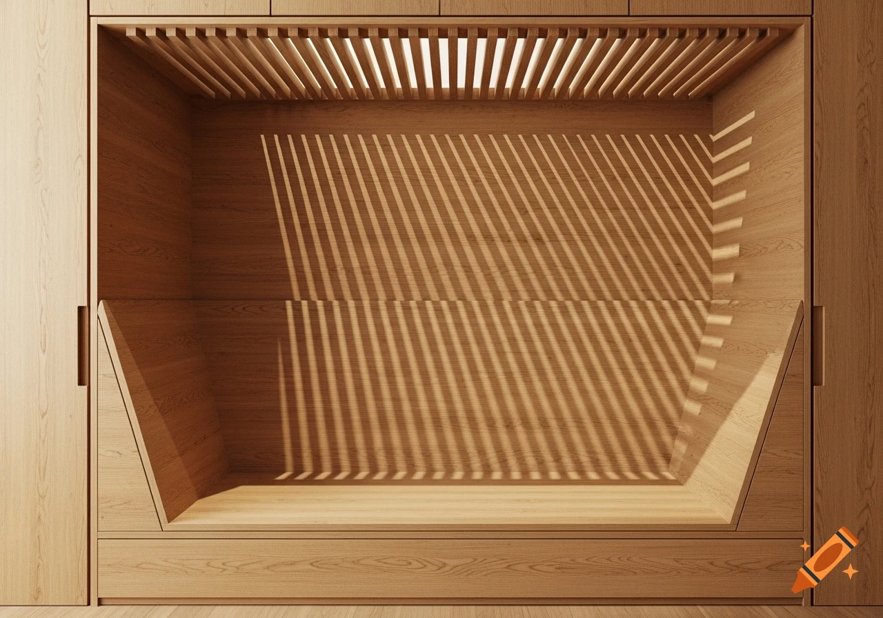 Modern oak wood seating niche with a slatted ceiling detail casting strong parallel shadows onto the back wall and floor.