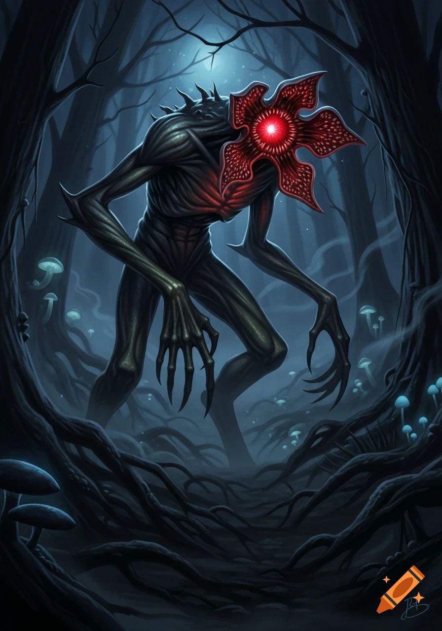 A terrifying Demogorgon monster stands in a dark, moonlit forest filled with glowing mushrooms and tangled roots. Digital illustration.