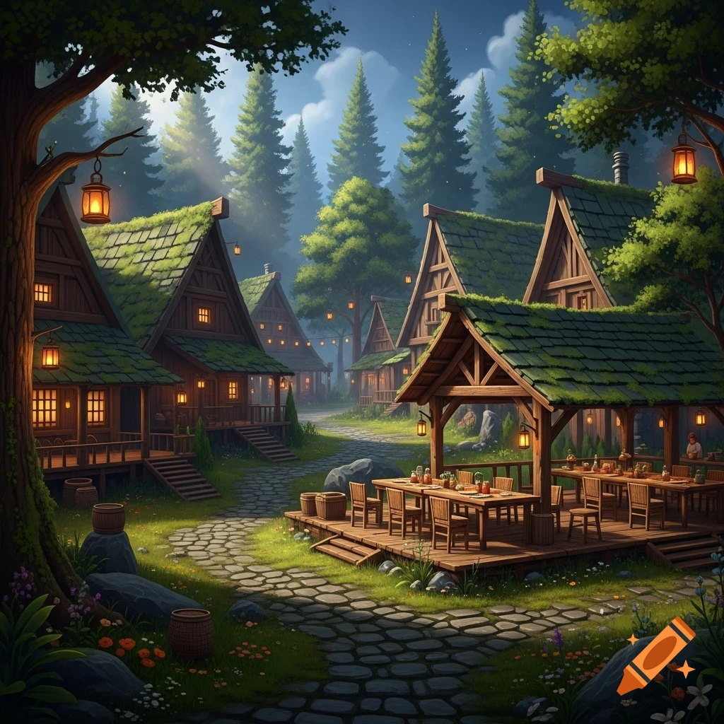 A charming fantasy forest village with rustic wooden buildings, an open-air dining pavilion, a cobblestone path, and glowing lanterns.