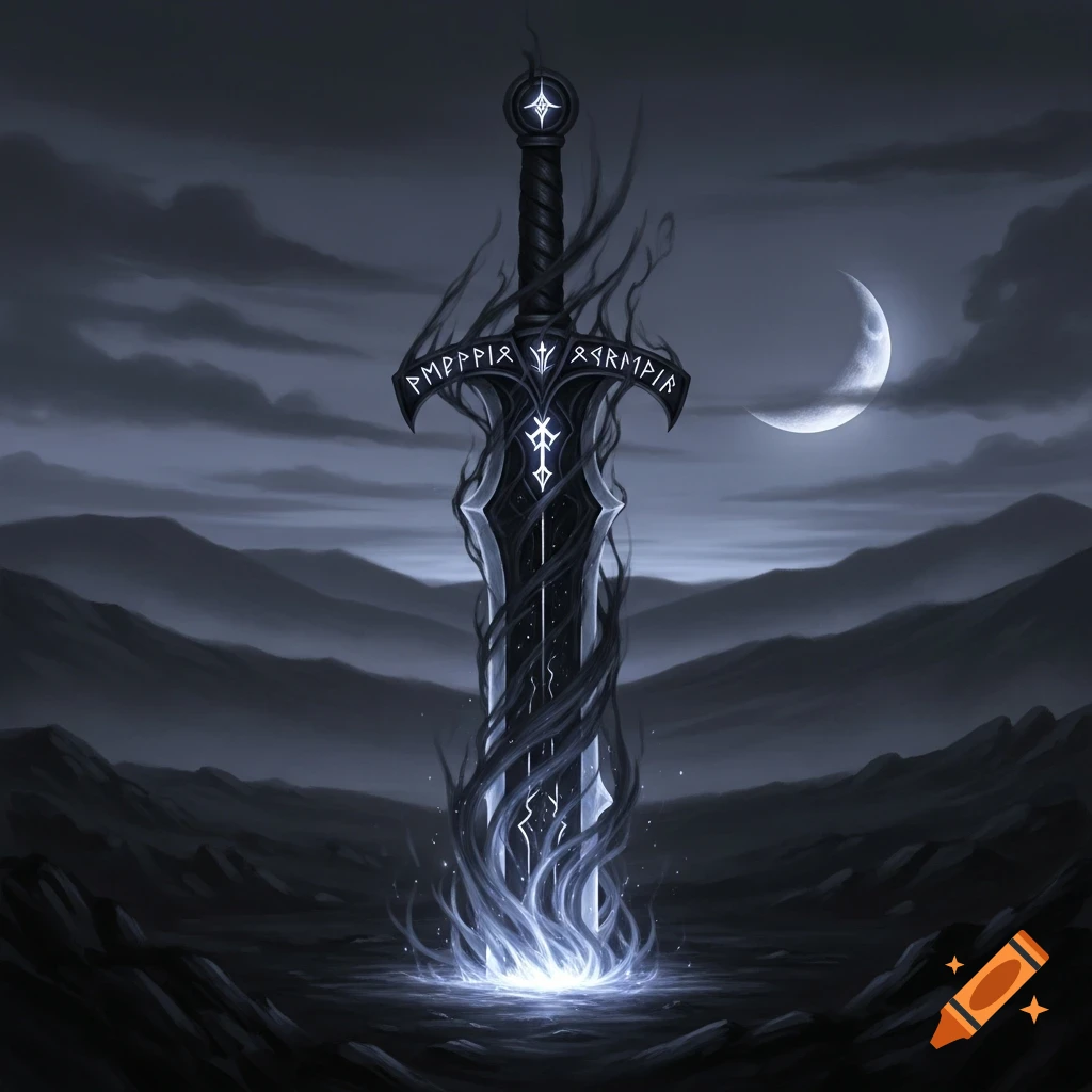A dark, glowing fantasy sword stands upright in a desolate, mountainous landscape under a crescent moon, with dark mist and blue energy swirling around it.
