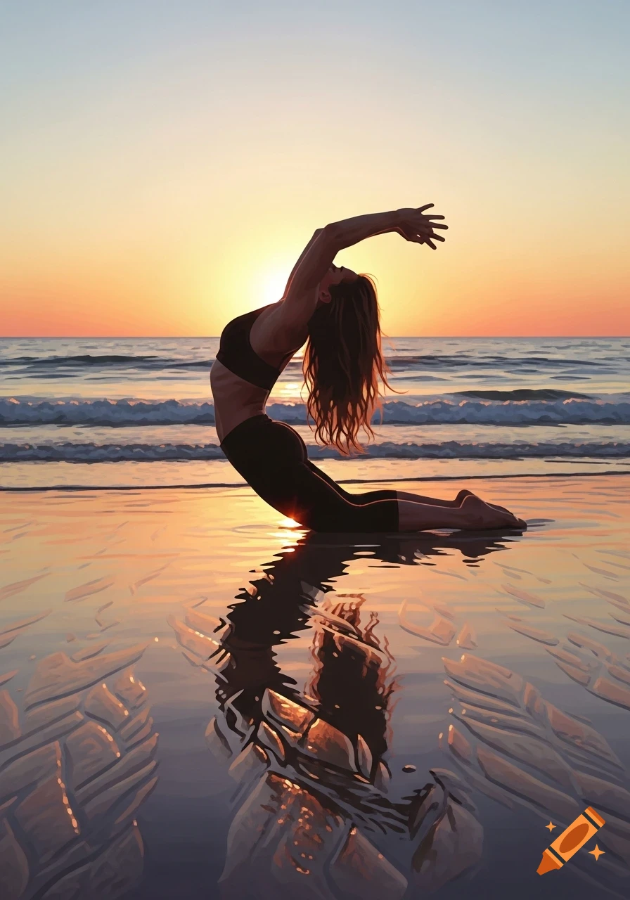 Stylized illustration of a woman in a yoga backbend pose on a sandy beach at sunset, with waves and her reflection.
