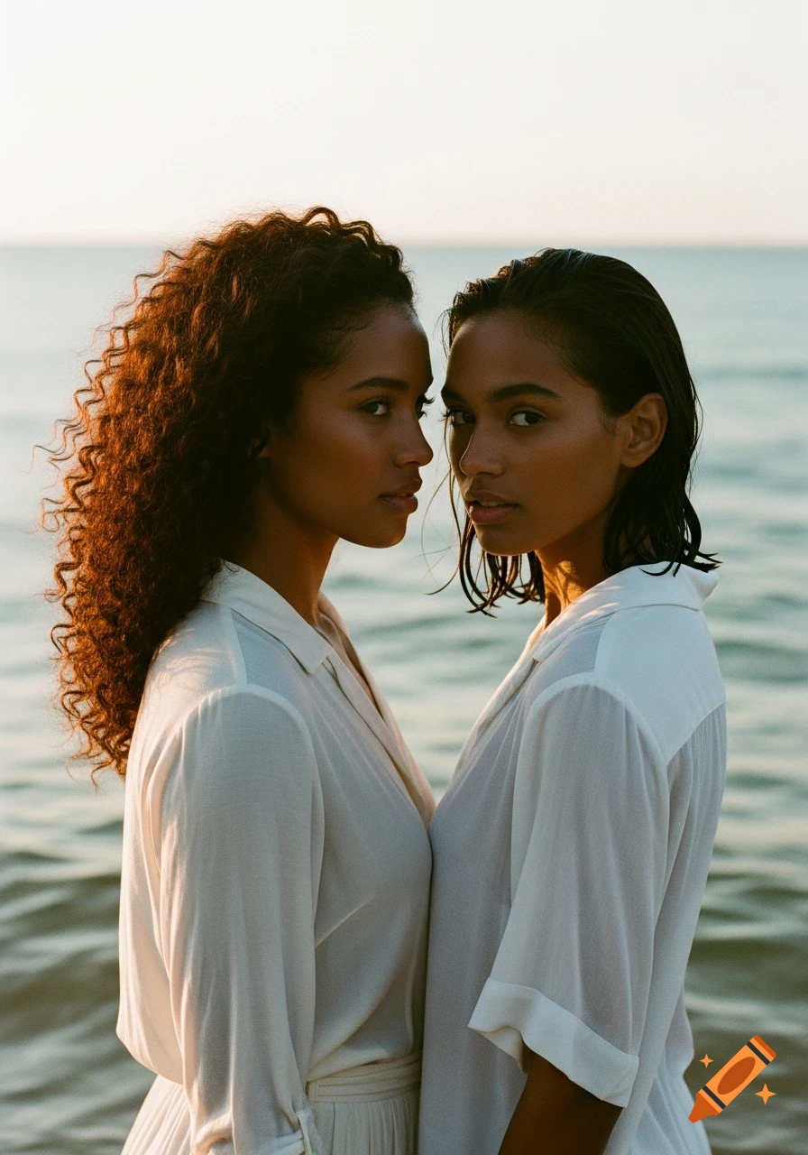 Two women with dark skin and hair, one with curly and one with wet straight hair, pose face-to-face by the ocean at golden hour.