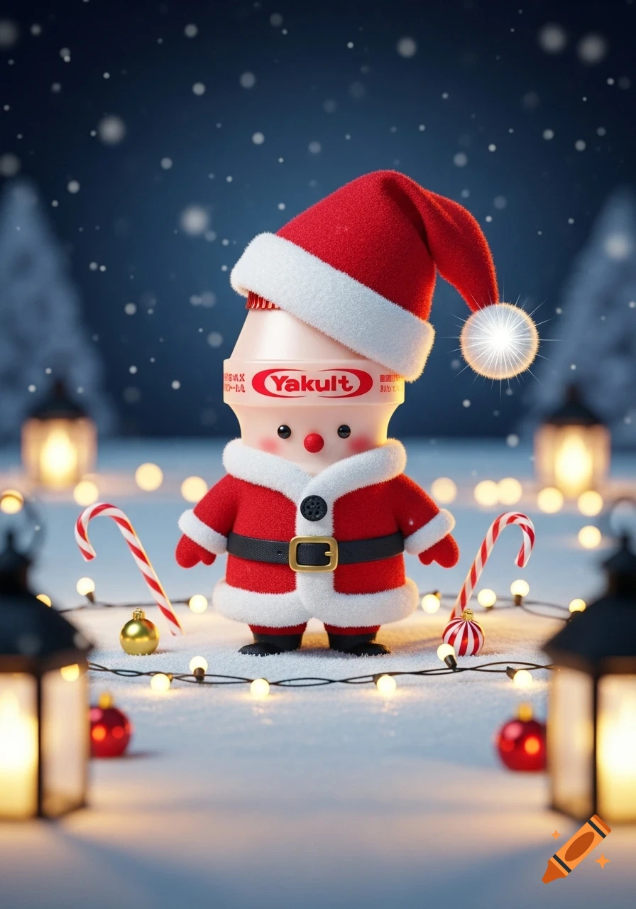 A Yakult bottle dressed as Santa Claus stands in a snowy Christmas scene with candy canes and glowing lights.