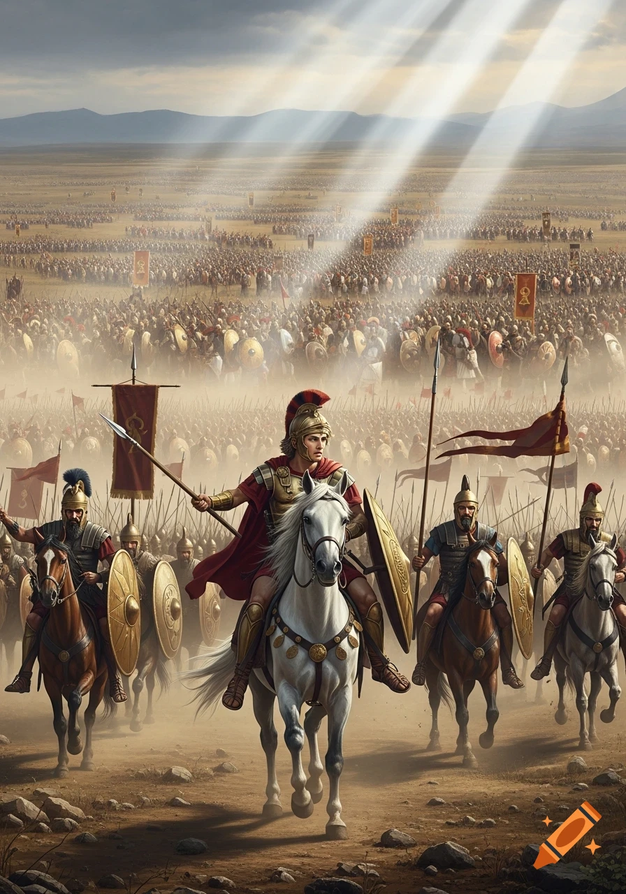 Alexander the Great on a white horse leads his Macedonian army into battle against a vast Persian army on a dusty plain.