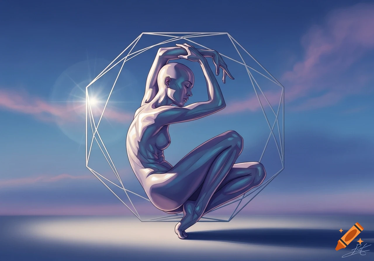 Stylized bald nude figure crouching within a white geometric octagon against a blue and pink sky, digital art.