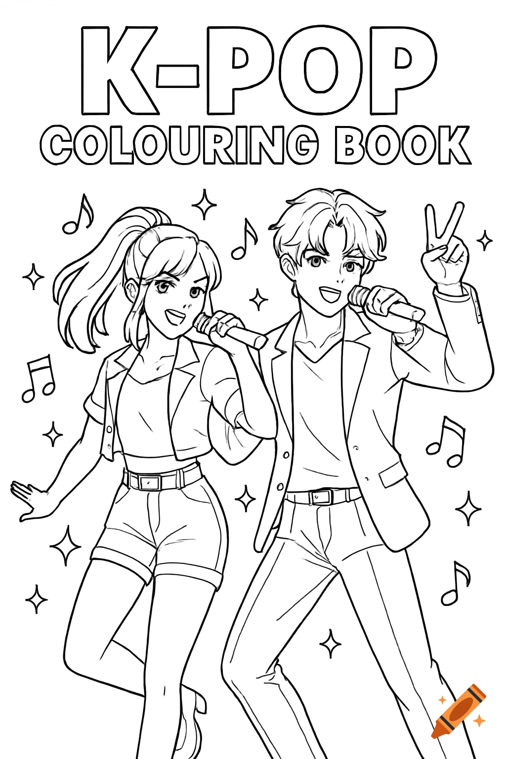 Anime-style coloring page of two K-pop idols (female and male) performing, with musical notes and stars, and the title K-POP COLOURING BOOK.