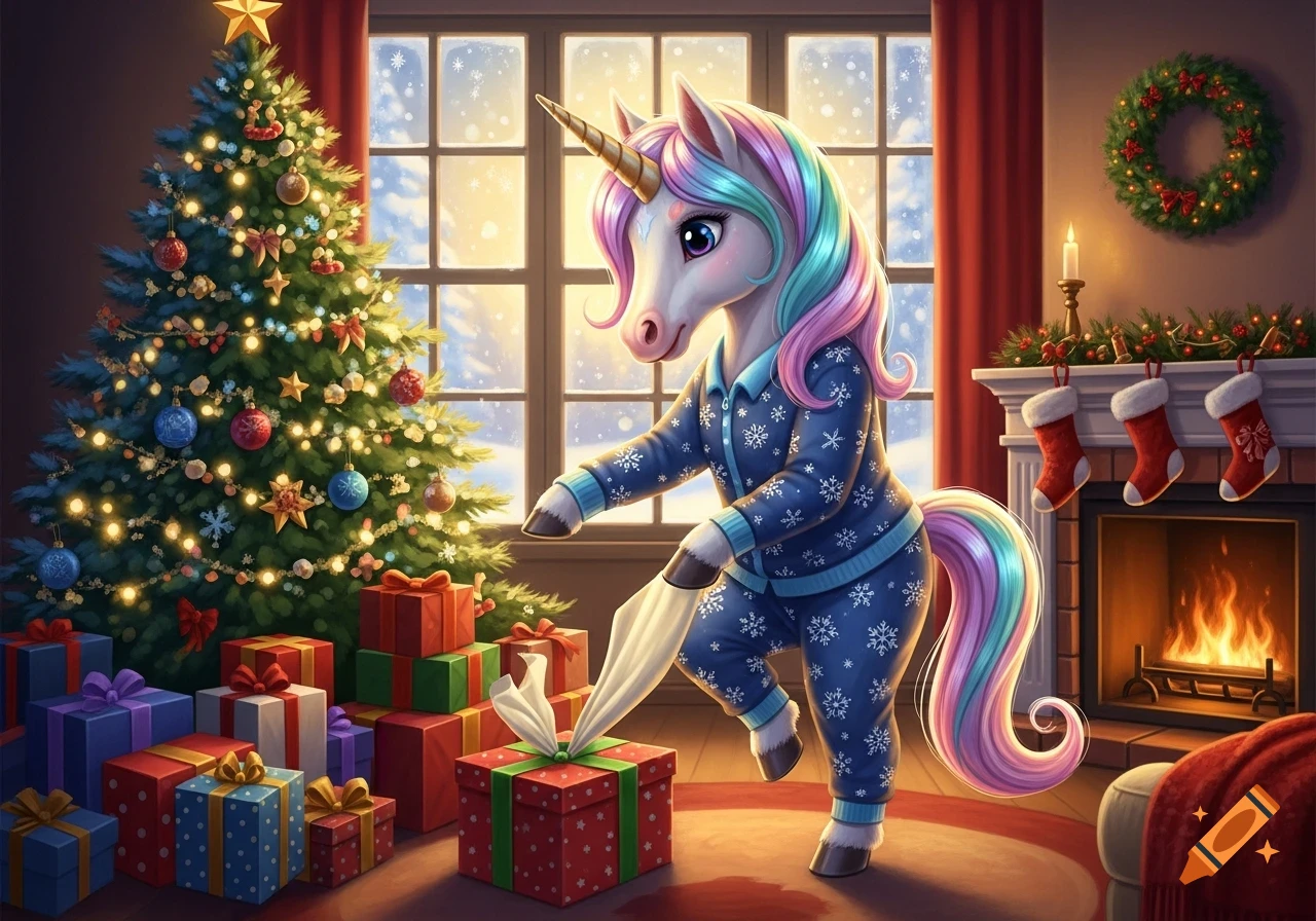 A cartoon unicorn in snowflake pajamas opens a Christmas present by a decorated tree and fireplace, with a snowy window view.