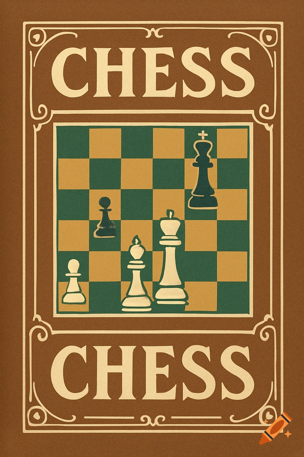 Vintage-style chess book cover with a brown border, displaying a green and gold chess board with white and black pieces, and the word 'CHESS'.