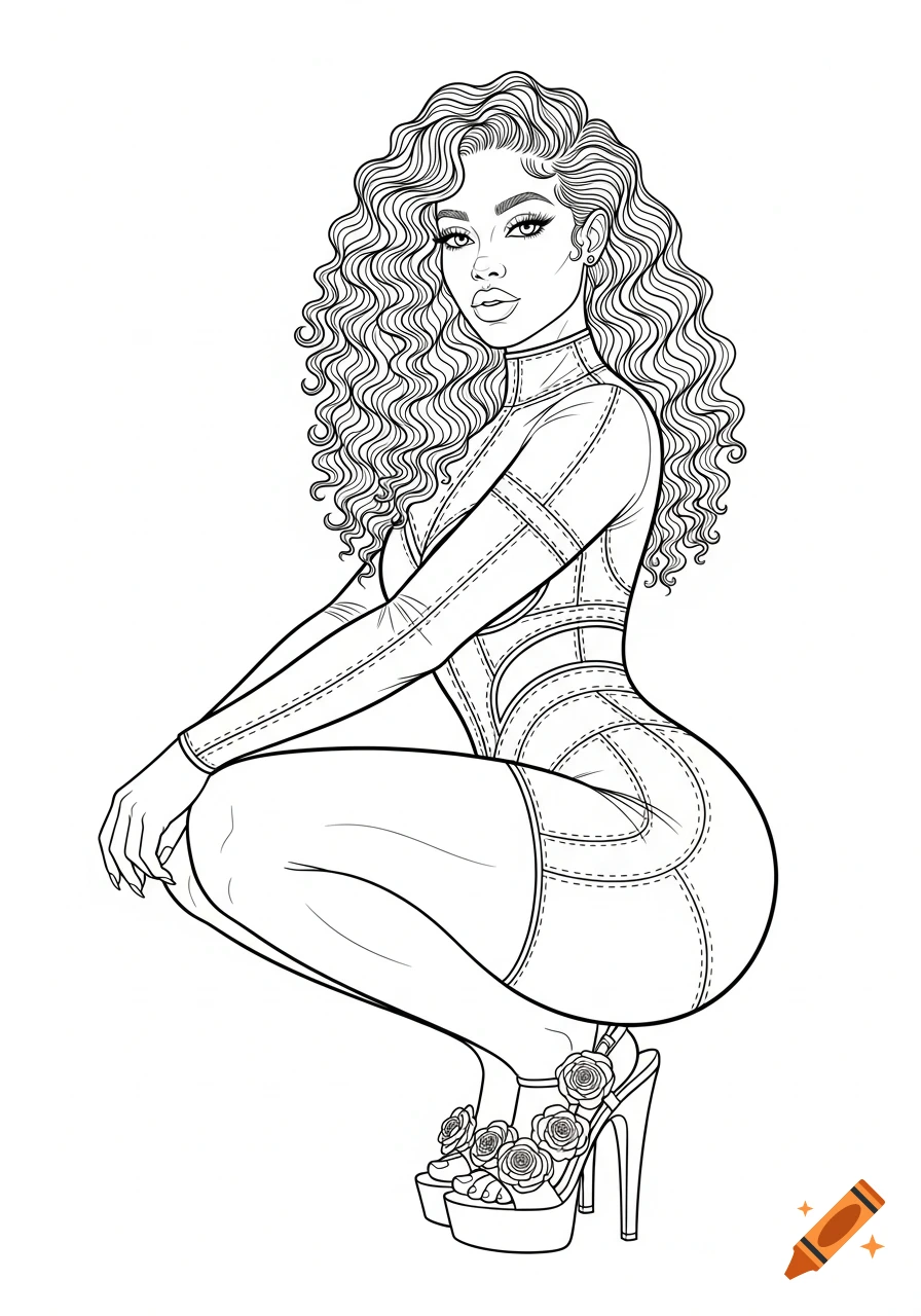 A line art drawing of a stylish woman with curly hair crouching in a form-fitting bodysuit and floral platform heels.