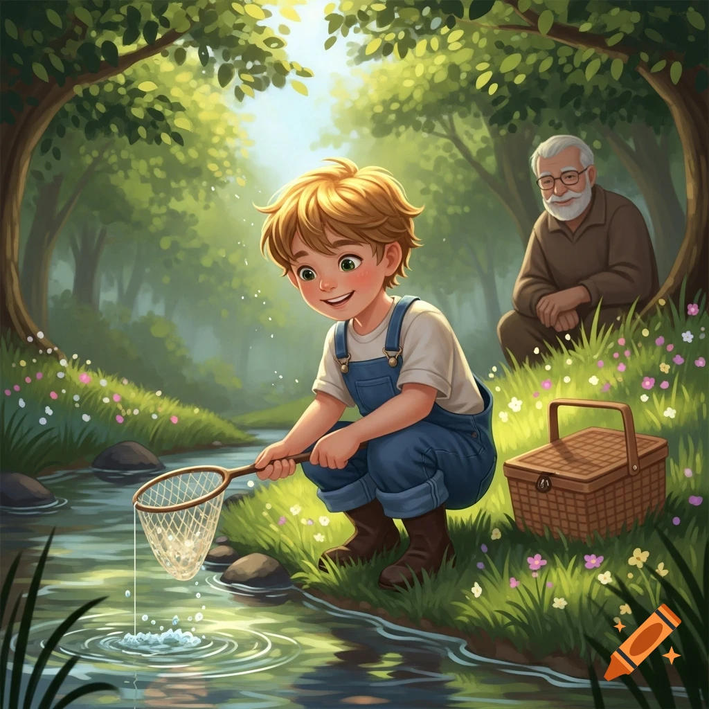 A smiling cartoon boy in overalls fishes with a net in a stream, while his grandfather watches from the lush green forest bank.