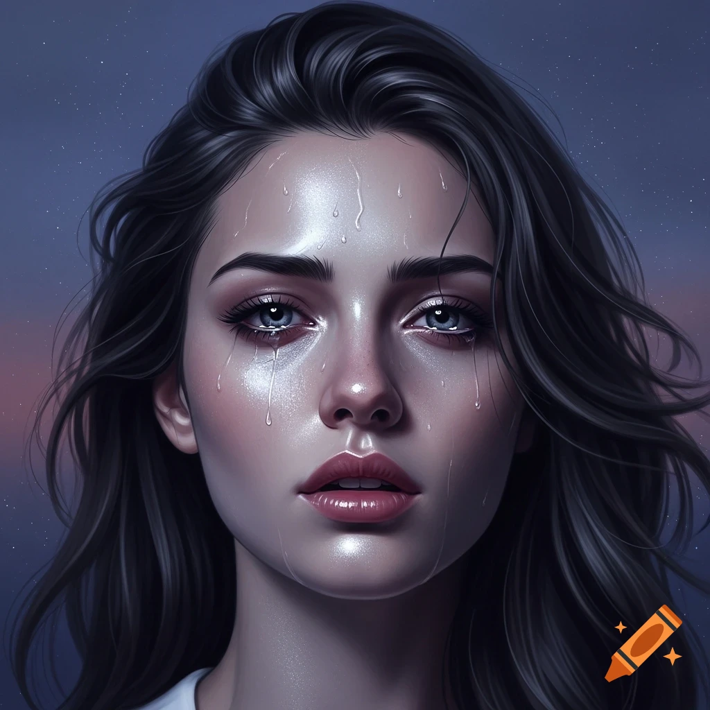 Close-up of a beautiful young woman with dark hair, tears streaming down her glistening face, against a dark starry sky.