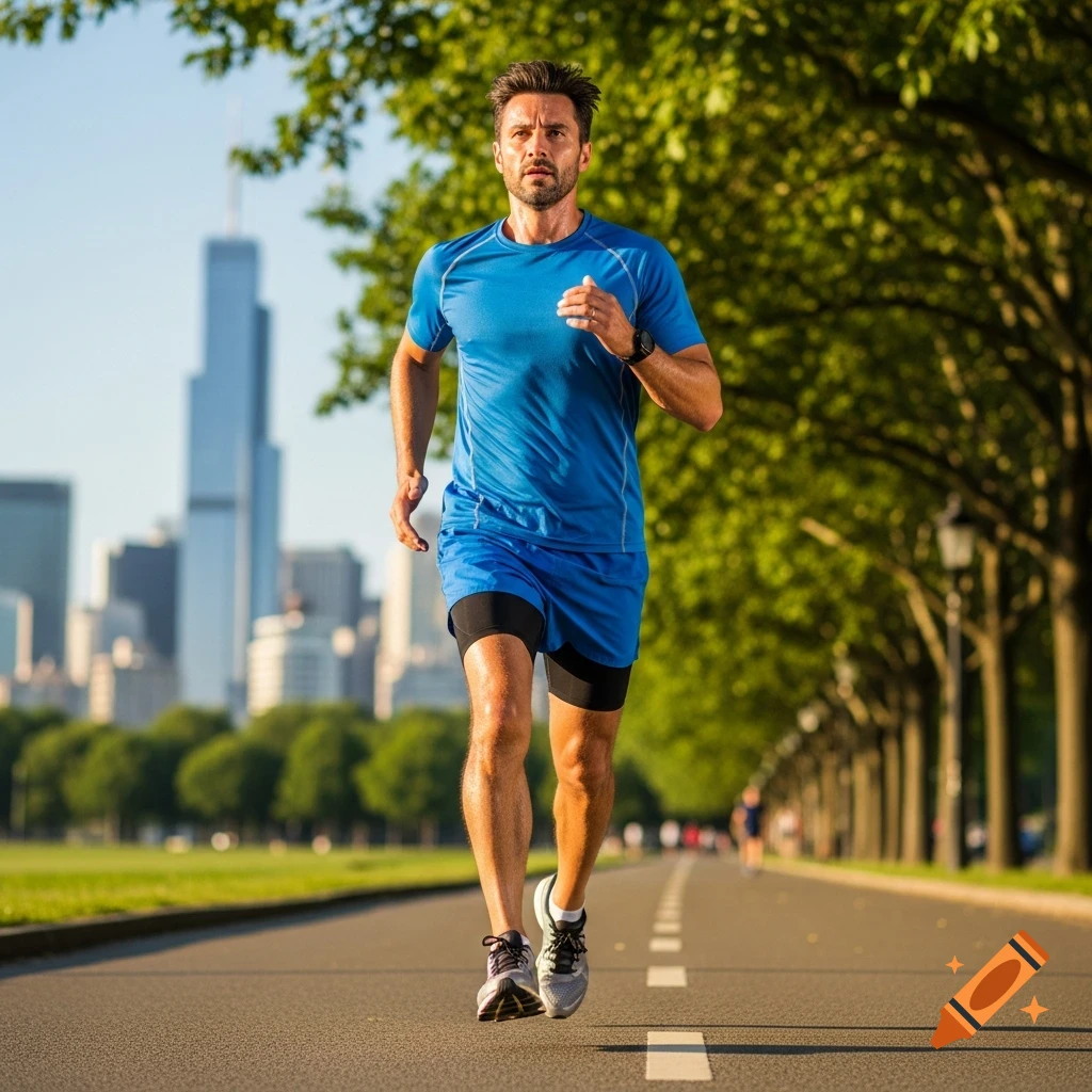 A man in blue sportswear runs on a paved path with a city skyline and tree-lined street in the background.