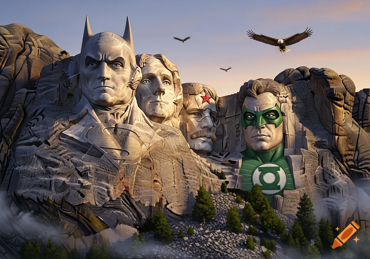 A Mount Rushmore-style carving featuring Batman, Superman, a man with a mustache and red star, and Green Lantern with eagles flying above.