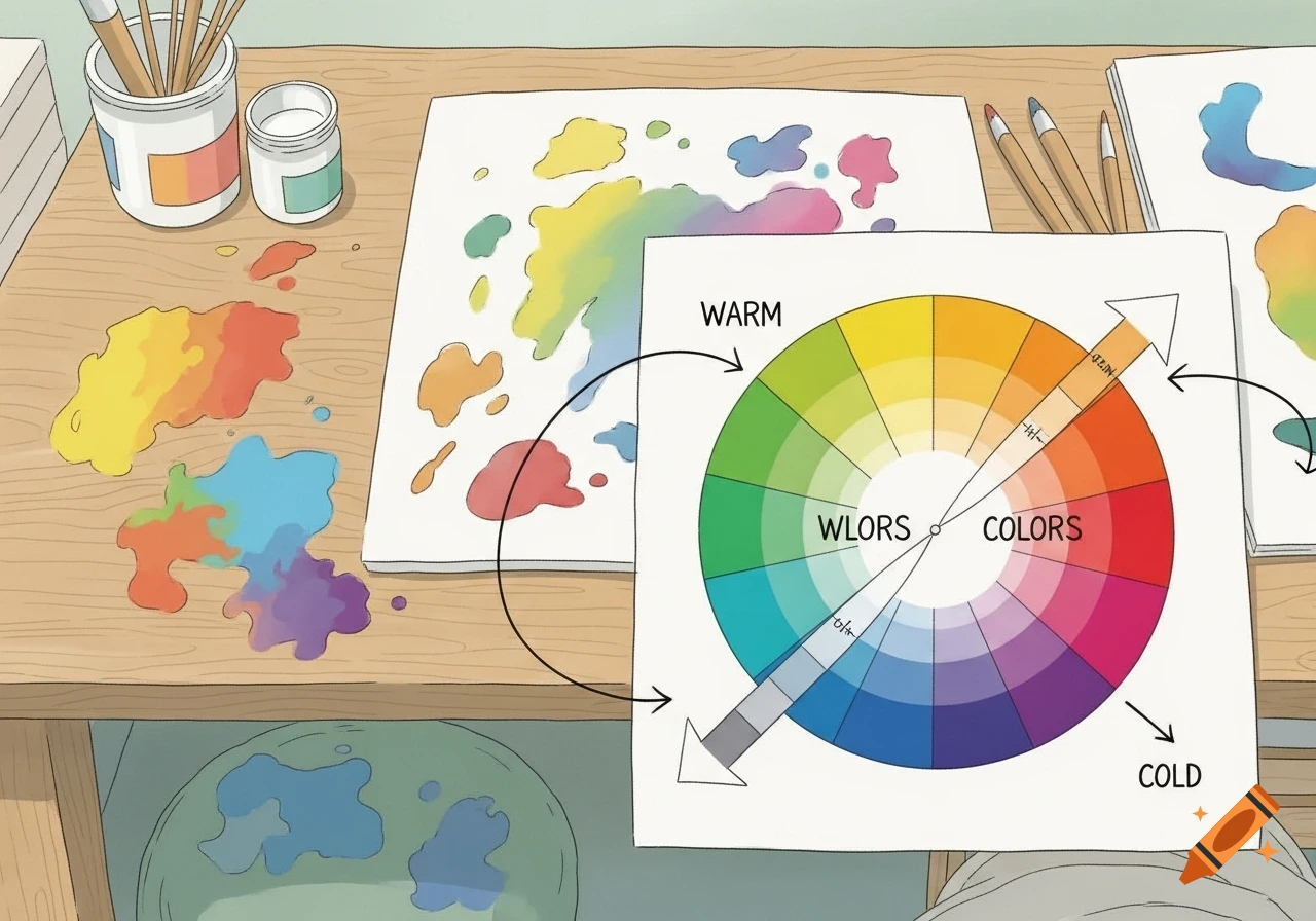 An illustration in Ghibli style showing an art table with paint splatters, paint pots, brushes, and a color wheel with 'WARM' and 'COLD' labels.