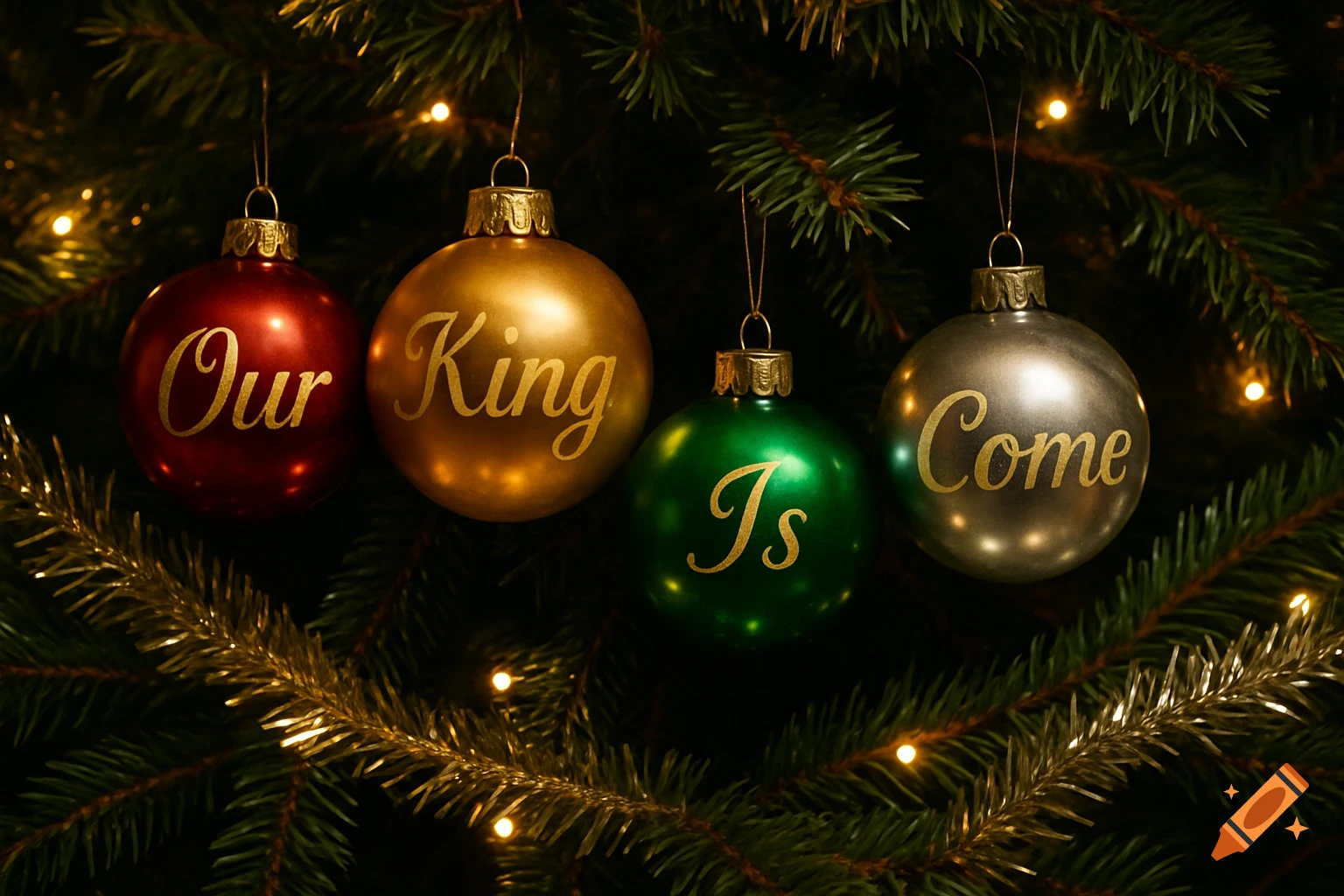 Close-up of four red, gold, green, and silver Christmas ornaments on a tree, spelling "Our King Is Come".