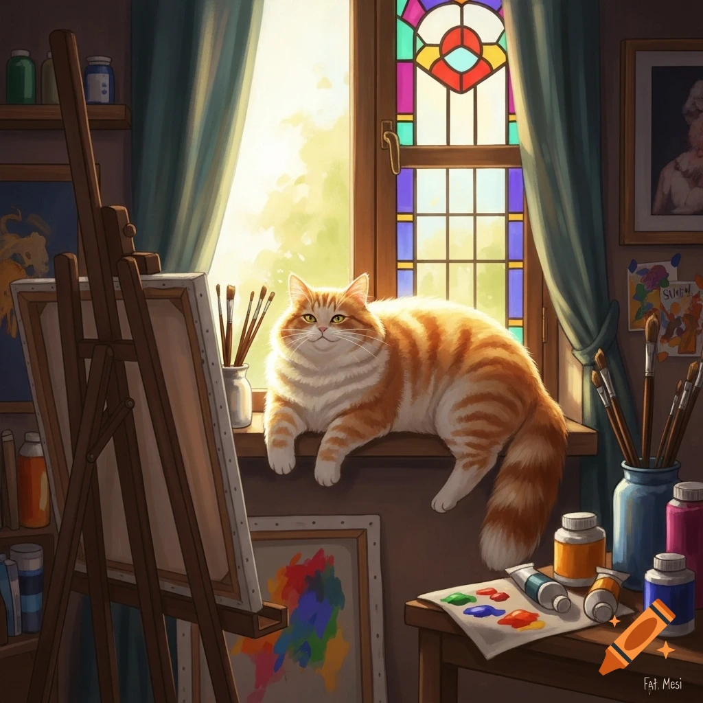 A fluffy orange and white cat lies on a sunlit windowsill in an artist's studio, surrounded by an easel, paints, and a stained-glass window.