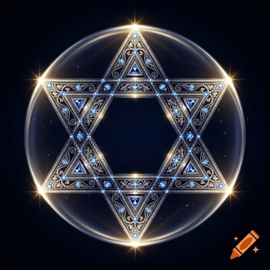 An ornate Star of David, rendered in silver filigree with blue gems, encased in a glowing sphere on a dark background.