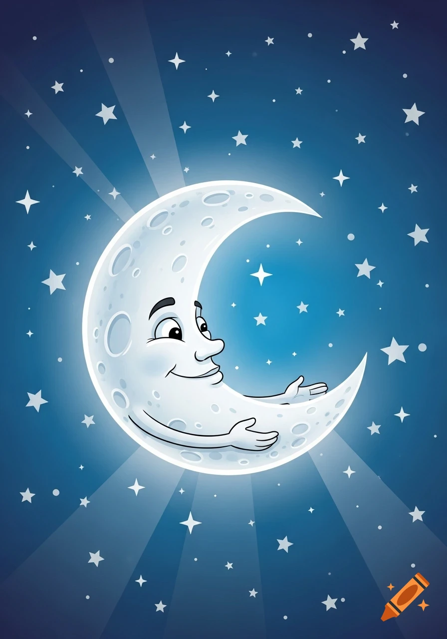 A friendly cartoon crescent moon with a face and hands glows in a dark blue night sky filled with many bright stars.