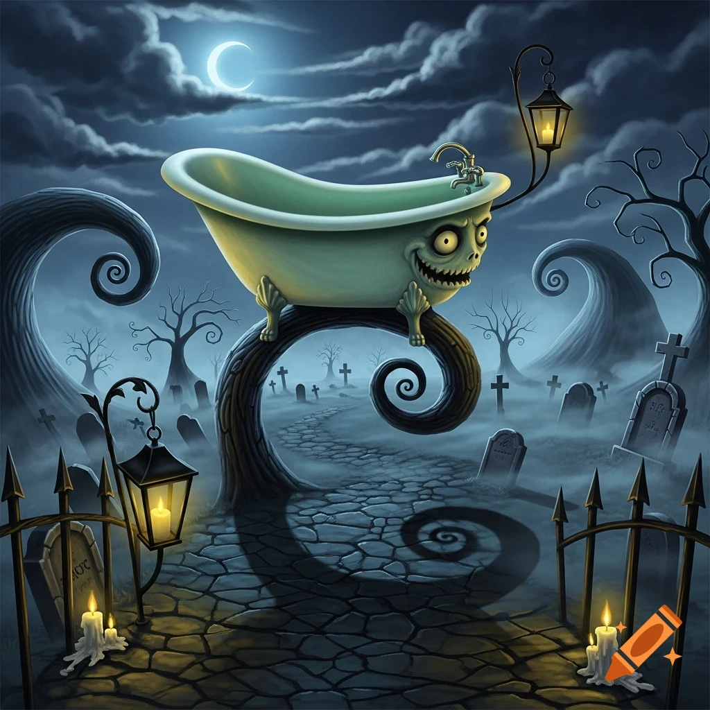 A creepy, smiling bathtub creature with sharp teeth sits on a twisted tree branch in a foggy graveyard under a crescent moon, in the style of The Nightmare Before Christmas.