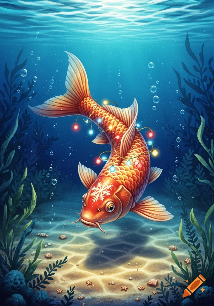 A vibrant orange-gold carp swims underwater, adorned with festive Christmas lights and a white snowflake on its head.